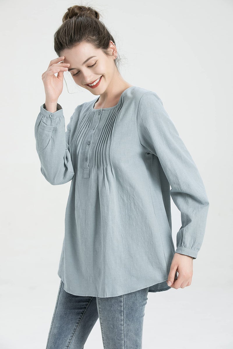 Minibee Women's Scoop Neck Pleated Blouse Solid Color Lovely Button Tunic Shirt Blue 2XL - Image 5